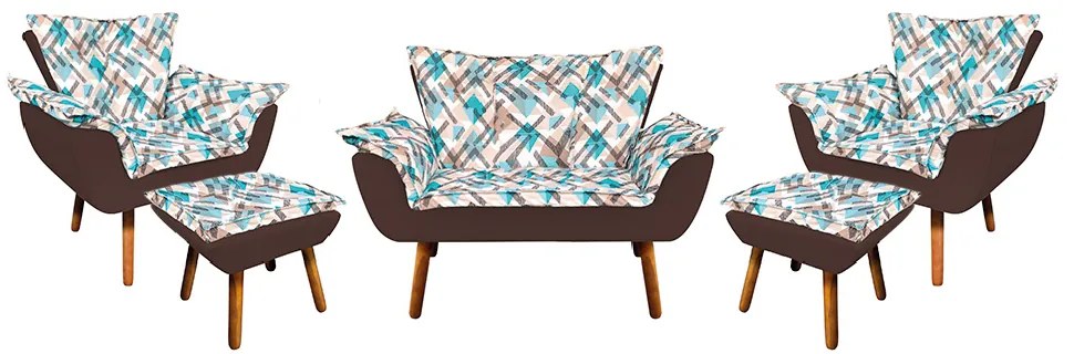 Kit 01 Namoradeira com 02 Poltronas e 02 Puffs Opala Composê Suede com Estampado Traçado Azul D33 Pés Palito Castanho - Marrom