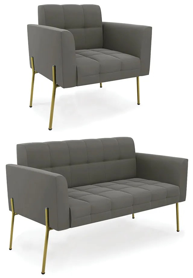 Sofá Namoradeira e Poltrona Pé de Ferro Dourado Elisa Suede D03 - D'Rossi - Grafite