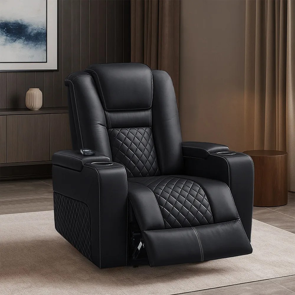 Poltrona do Papai Elétrica Reclinável Chicago com Aquecimento Massagem e Porta Copos Entrada USB/USB-C PU Preto G94 - Gran Belo
