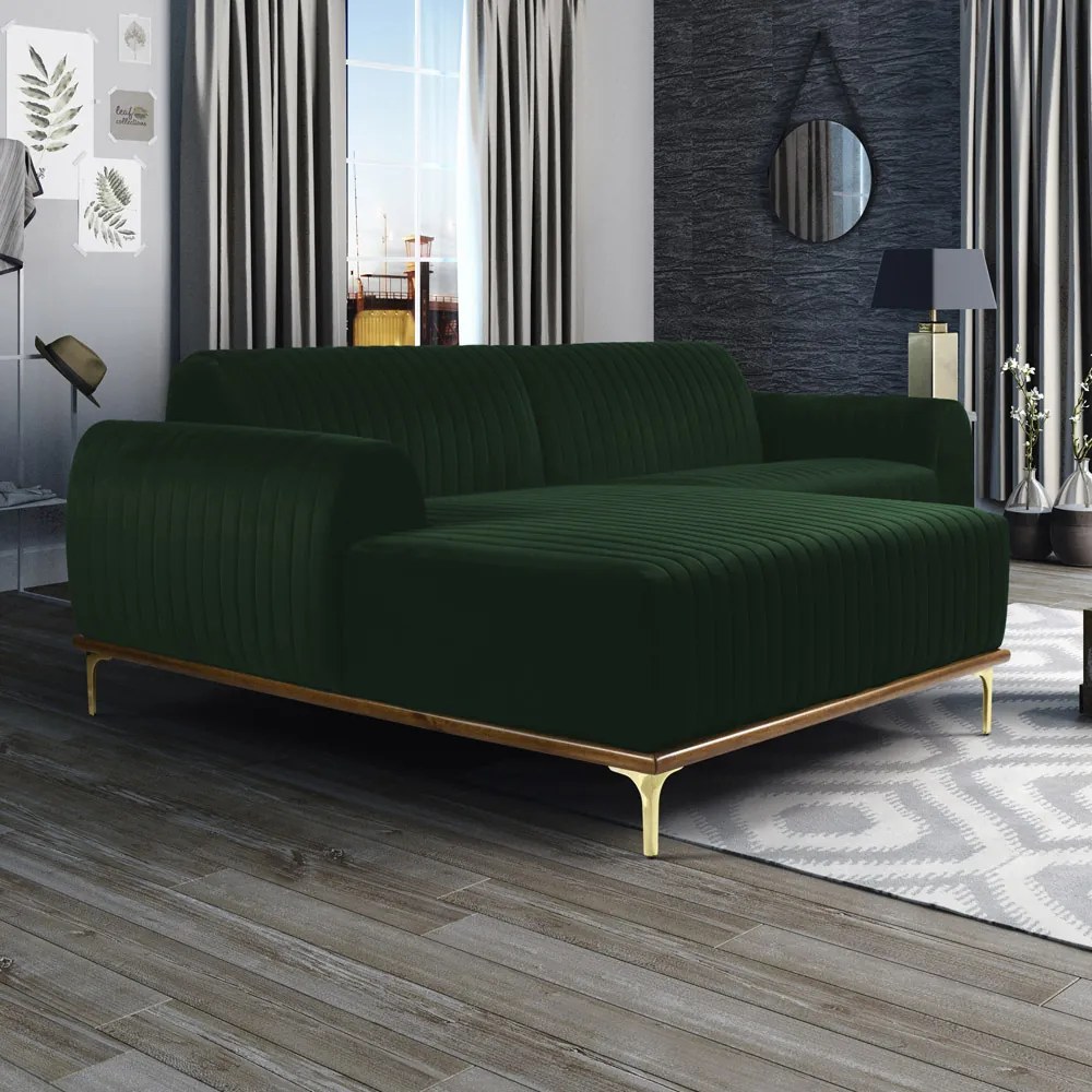Sofá 3 Lugares Lisboa D07 com Chaise Esquerda 230cm Veludo Esmeralda - D'Rossi