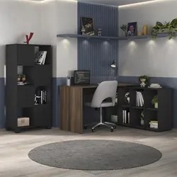 Mesa Escrivaninha em L Eron e Estante Livreiro Maly A06 Ipê/Preto - Mp
