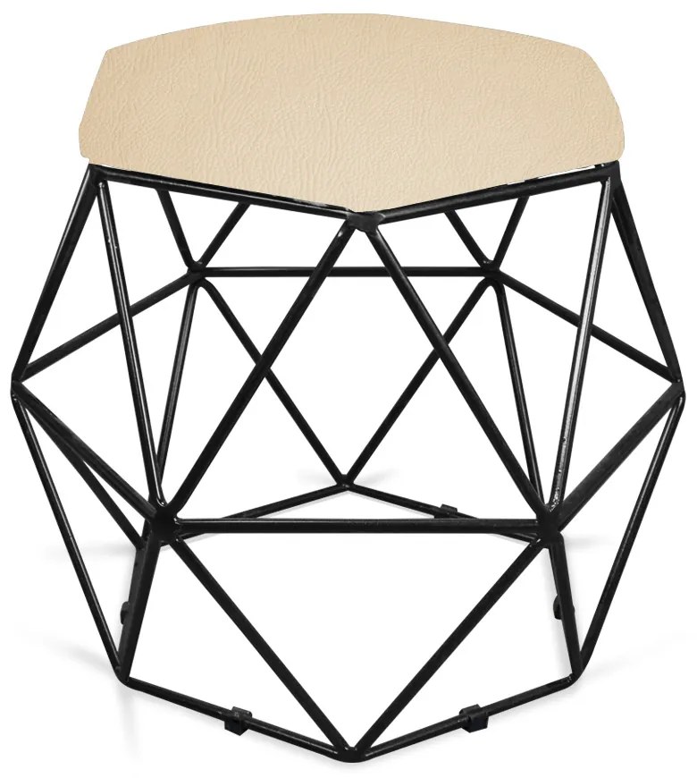 Puff Aramado Hexágono Decorativo Industrial Preto com Sintético Bege D03 - D'Rossi