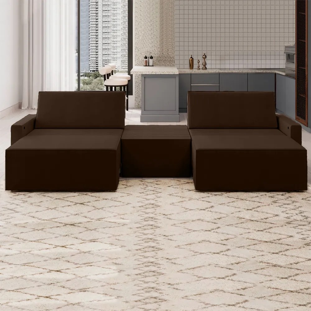 Sofá Retrátil Embutido Modulado com Puff 3 Lugares Xerxes 229cm Veludo Marrom G33 - Gran Belo