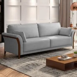 Sofá Living 3 Lugares 222cm Pés Madeira Roya Z32 Veludo Cinza - Mpozen