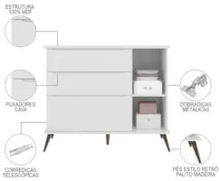 Cômoda Infantil 1 Porta 3 Gavetas 100% MDF Pés Retrô Mel Z39 Branco -