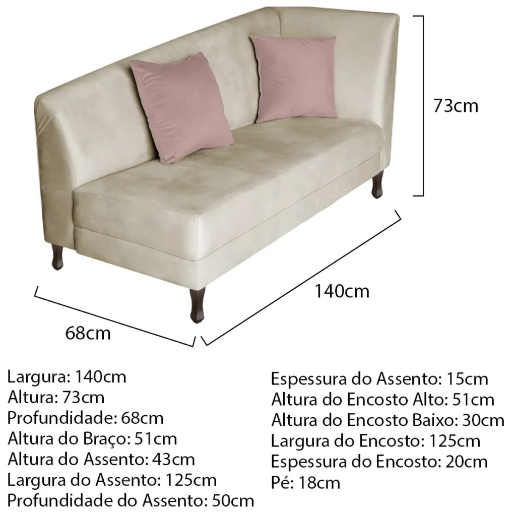 Divã Recamier Heitor 140cm Lado Esquerdo Linho - ADJ Decor