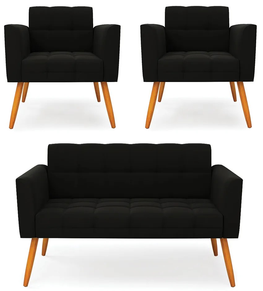 Kit 1 Sofá Namoradeira e 2 Poltronas Elisa Suede Pés Palito Castanho - D'Rossi - Preto
