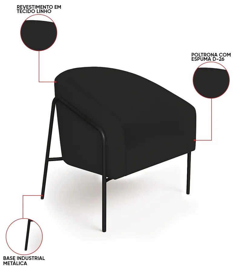 Poltrona Sala Industrial Alta Preto Stella Linho D03 - D'Rossi - Preto