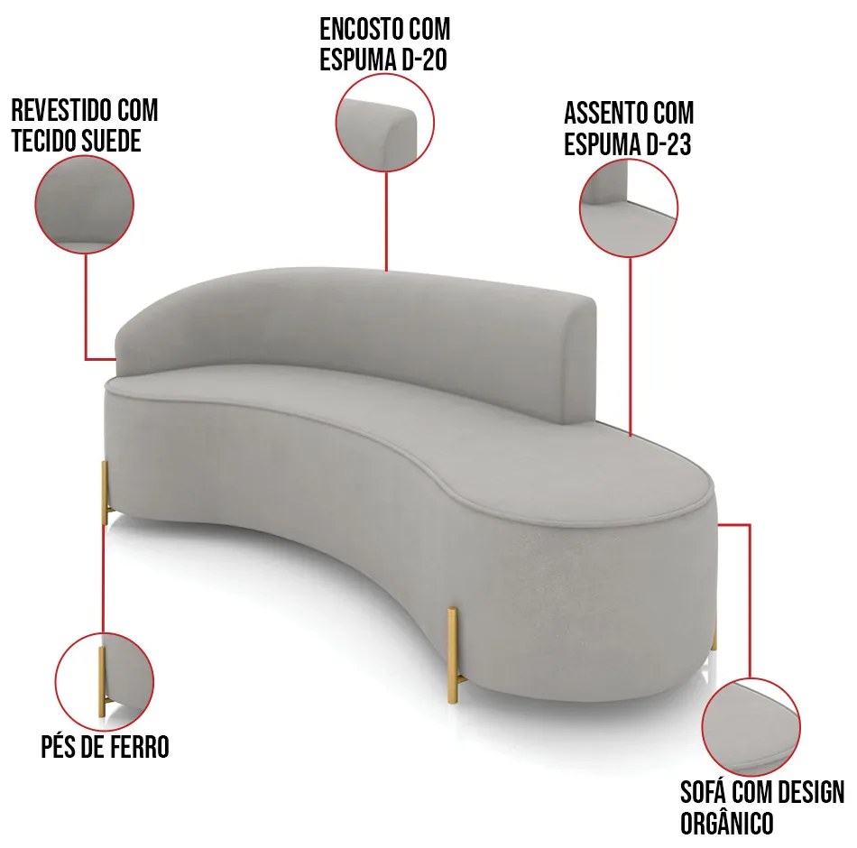Sofá 4 Lugares Orgânico 220cm Pé Dourado Morgan Suede D03 - D'Rossi - Cinza