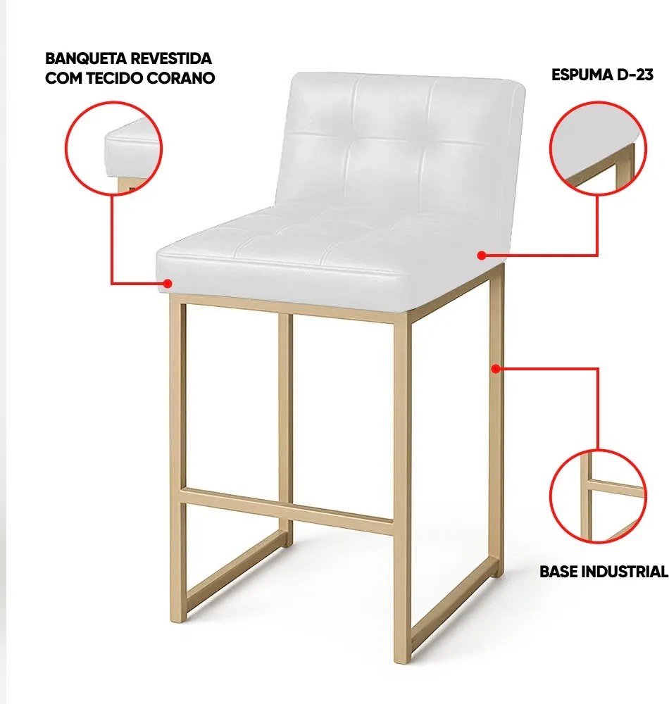 Banqueta Cozinha Alta com Encosto Industrial Kit 2 Champanhe Lirina PU C05 - D'Rossi - Branco