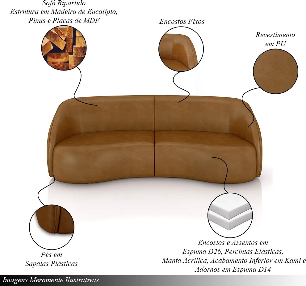 Sofá Decorativo Sala de Estar Bipartido 240cm Clarke PU Caramelo Manchado G45 - Gran Belo