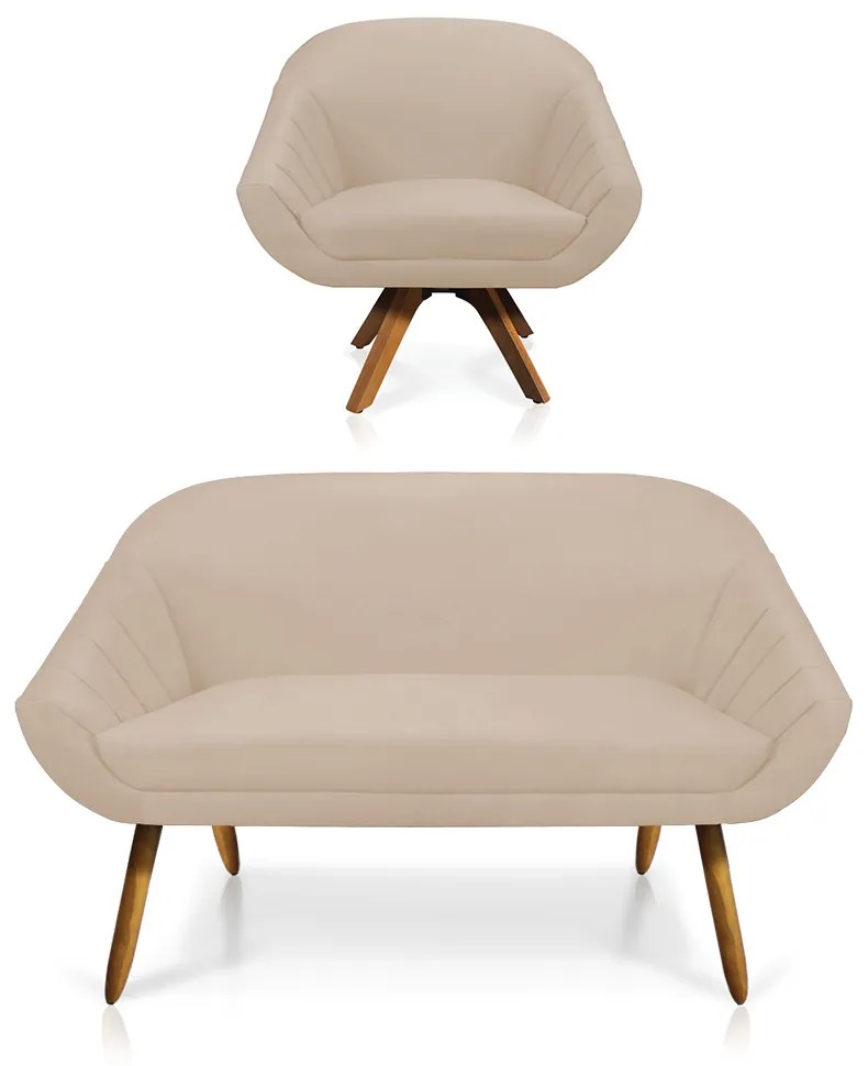 Kit 01 Namoradeira 02 Lugares e 01 Poltrona Giratória Giovana Suede Bege Base Madeira MM30 - D'Rossi