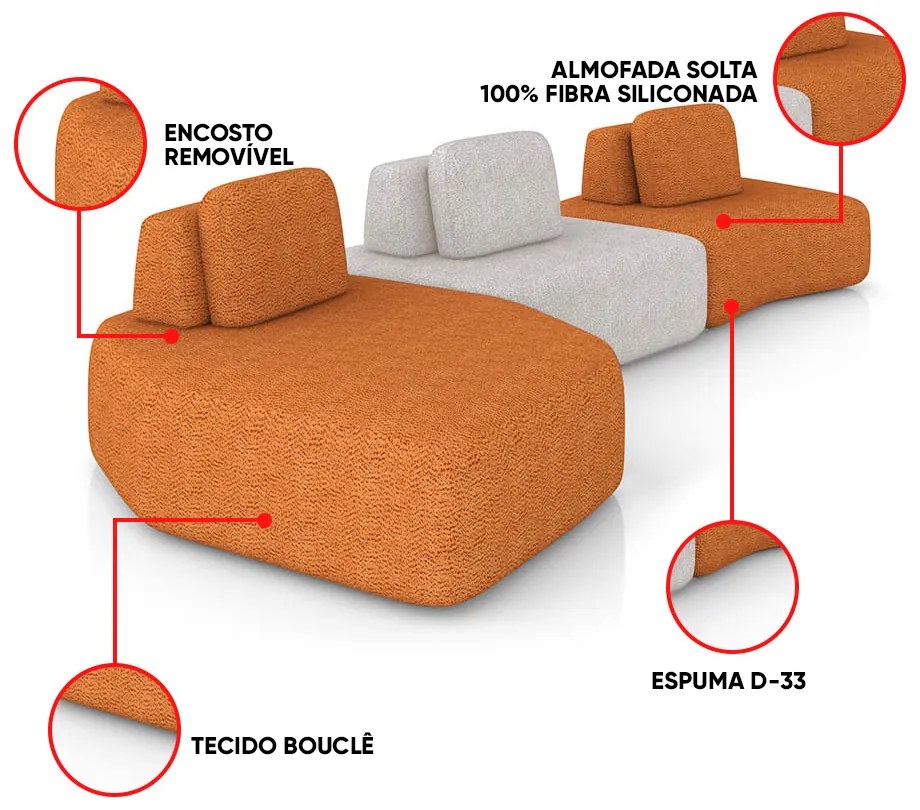 Sofá 3 Lugares Orgânico com Chaise e 2 Módulos Berlim Bouclê Cr K01 - D'Rossi - Caramelo/Cinza Claro