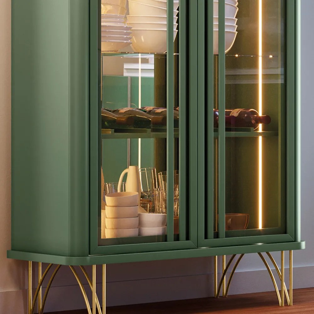 Cristaleira 2 Portas de Vidro Pé em Aço Dourado Lucie Verde Pistache H01 - D'Rossi