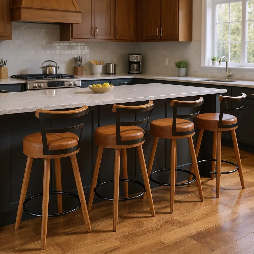 Banqueta Alta Cozinha 70cm Encosto Pé Madeira Kit 4 Kyara Pu S02 - D'Rossi - Caramelo