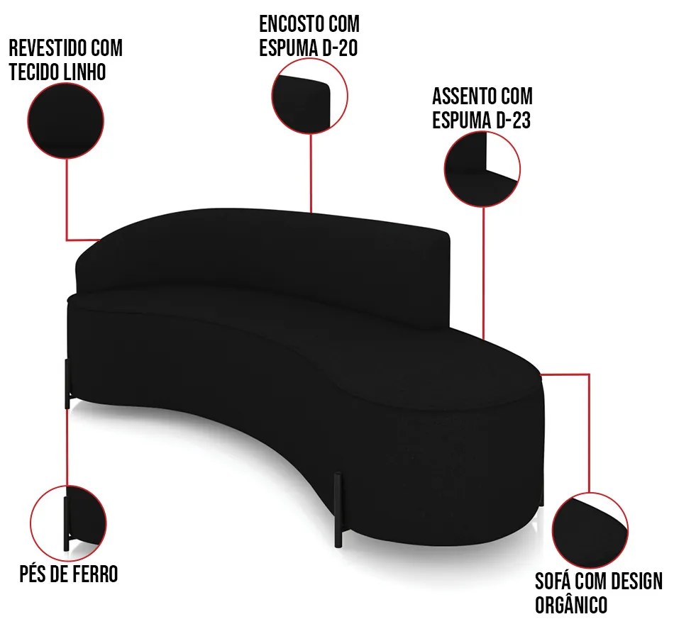 Sofá 4 Lugares Orgânico 220cm Pé Ferro Preto Morgan Linho D03 - D'Rossi - Preto