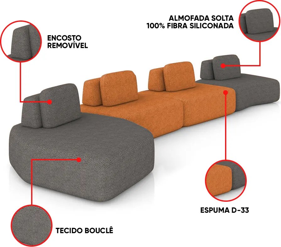 Sofá 4 Lugares Orgânico com Chaise e 3 Módulos Berlim Bouclê Grafite/Caramelo K01 - D'Rossi