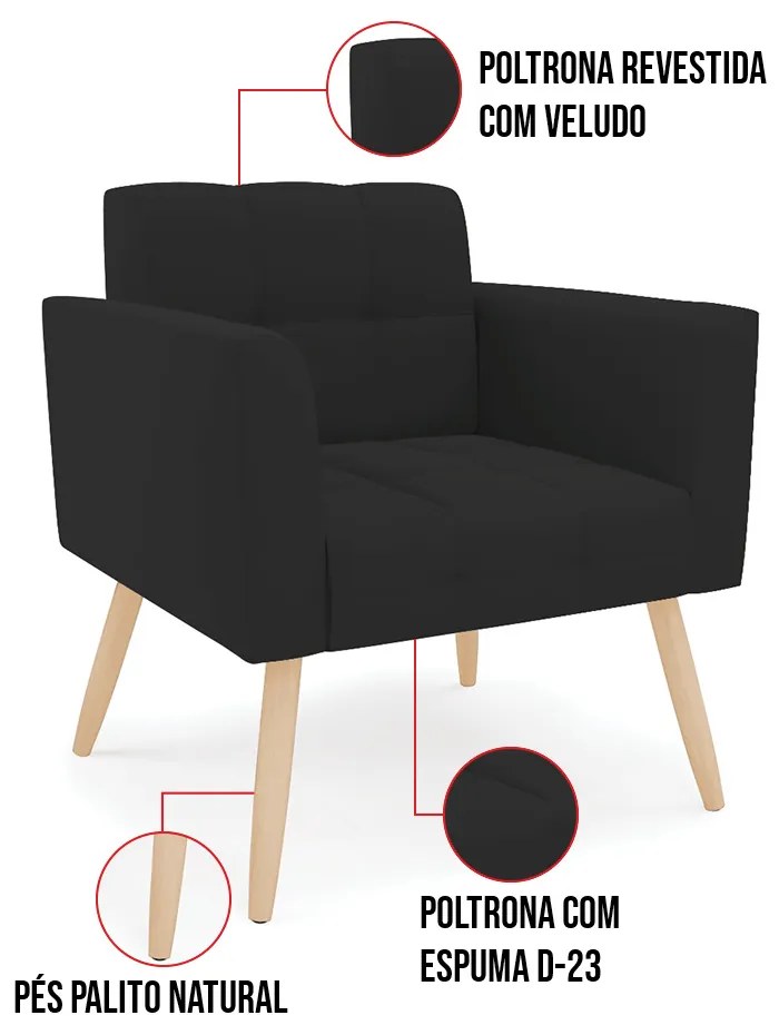 Kit 1 Sofá Namoradeira e 2 Poltronas Elisa Veludo Pés Palito Natural D03 - D'Rossi - Preto