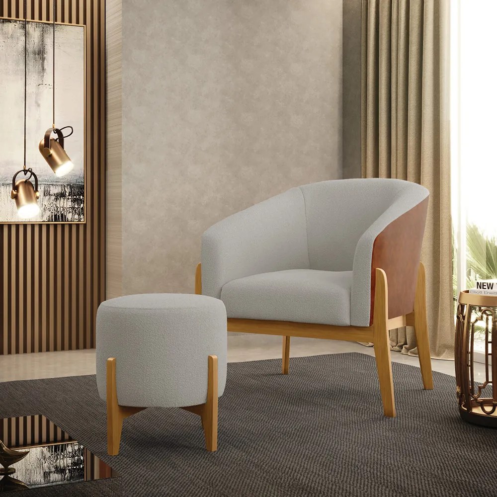 Poltrona e Puff Decorativo Base Madeira Stella PU Nozes/Bouclê D03 - D'Rossi - Cinza
