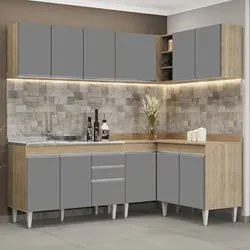 Armário de Cozinha Modulado de Canto 6 Peças CP30 com Pia Inox Castanh