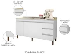Balcão Gabinete Com Pia 160cm 3 Portas Karen Z49 Branco - Mpozenato