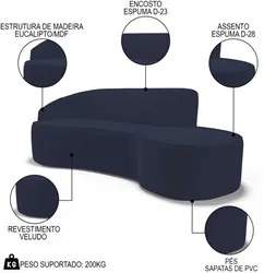 Sofá Living 2 Lugares 180cm Braço Esquerdo Mozart D06 Veludo Azul - M