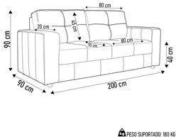 Sofá Living 3 Lugares para Sala de Estar 200cm Licci L07 Couro Preto -