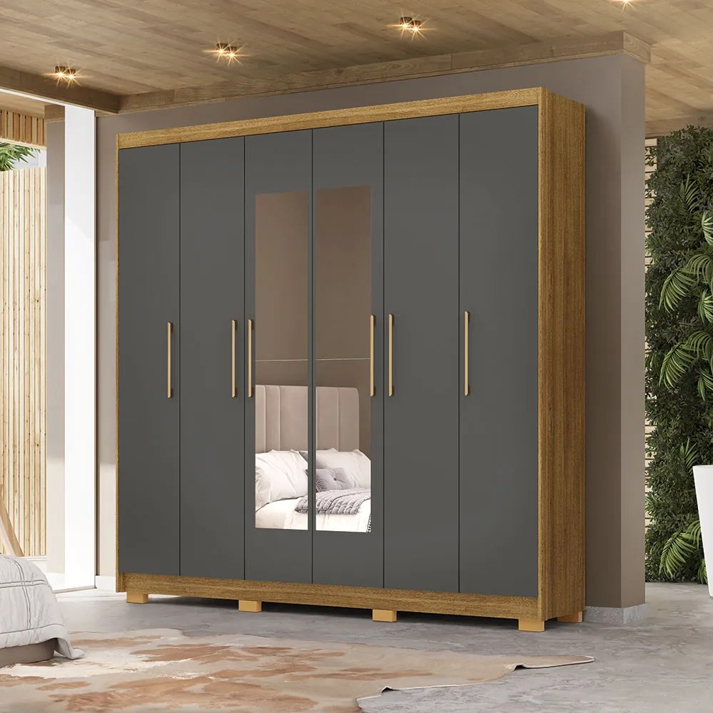 Guarda Roupa Casal Forest 6 Portas 2 com Espelhos Bater 6 Gavetas com Cabideiros MDF Nature/Chumbo G98 Gran Belo