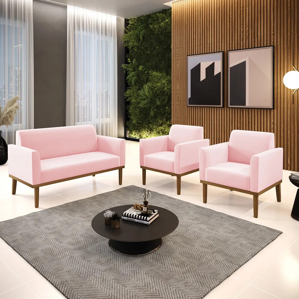 Conjunto 2 Poltronas e 1 Namoradeira Decorativa Isabella Pés Fixo em Madeira Castanho Suede Rosa Bebê G19 - Gran Belo