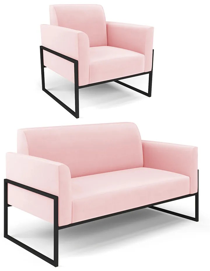 Sofá Namoradeira com Poltrona Base Industrial Alta Preto Marisa Suede D03 - D'Rossi - Rosa Bebê
