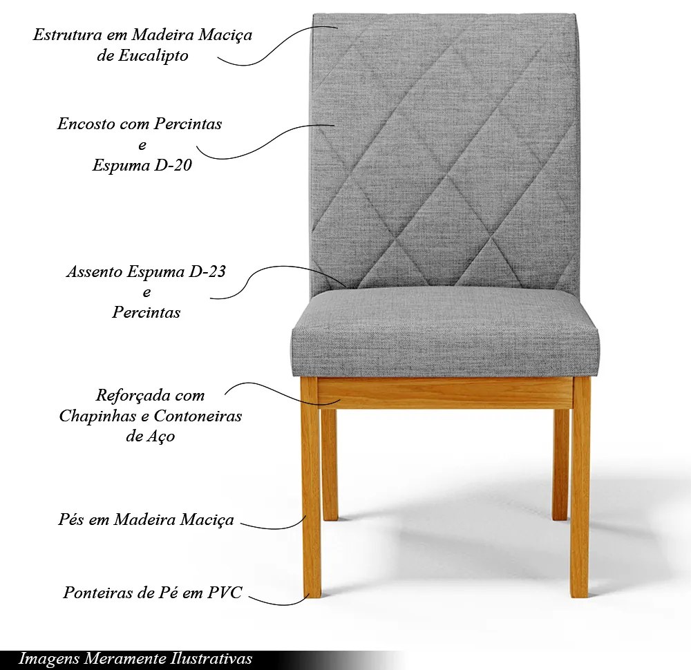 Kit 6 Cadeiras de Sala de Jantar Estofadas Gomes Madeira Maciça Linho Cinza G78 - Gran Belo