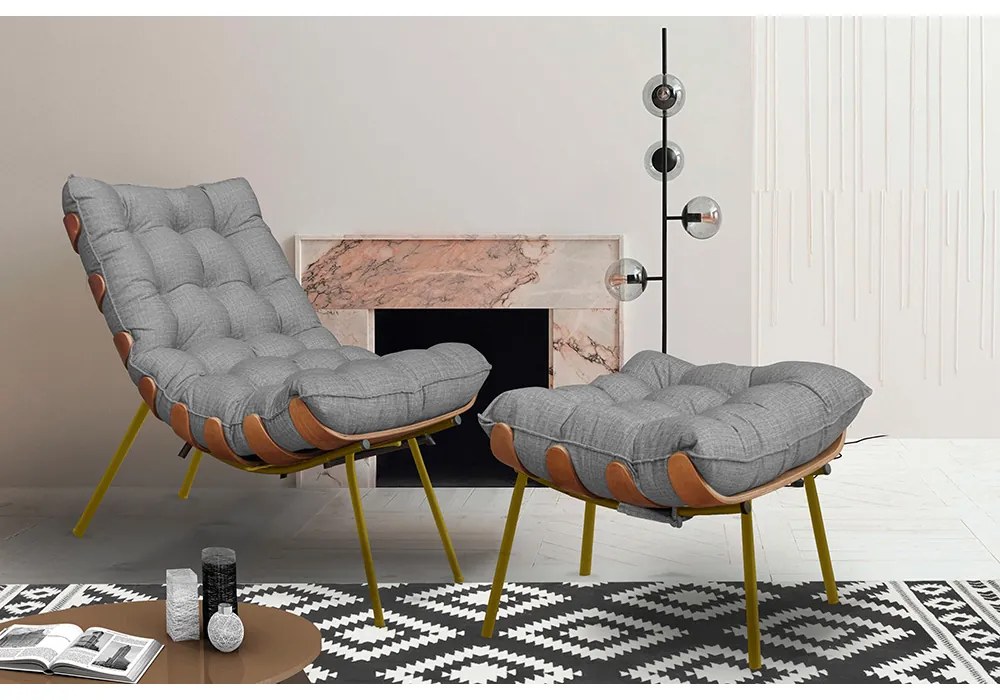 Conjunto Decorativo Poltrona e Puff Abel Base de Madeira Dourada Linho Cinza G41 - Gran Belo