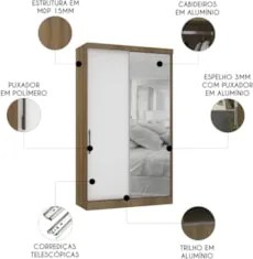 Guarda Roupa Solteiro 135cm 2 Portas e Espelho Delphi Avelã/Branco L01