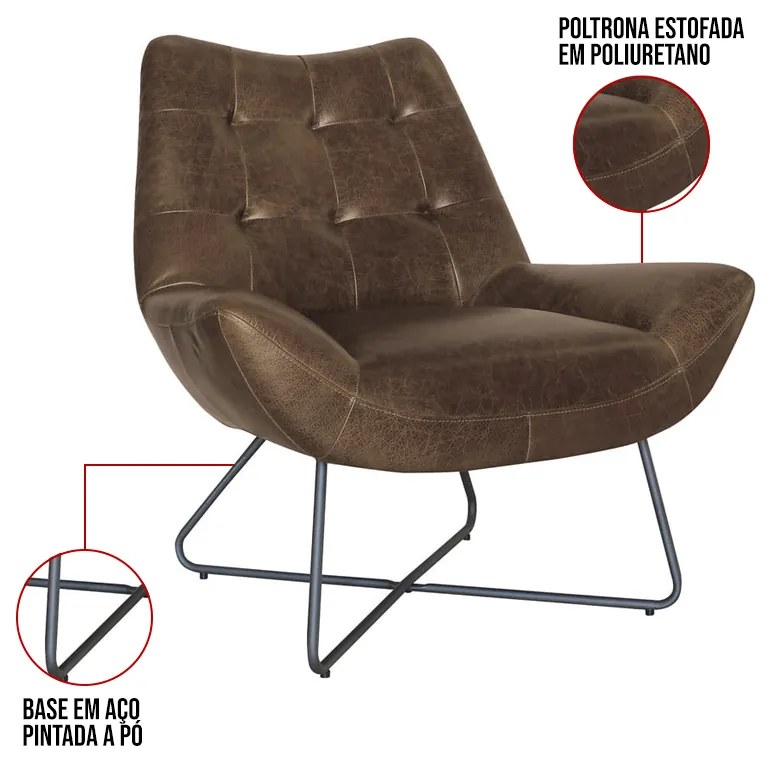 Poltrona Sala Decorativa Base Industrial X Logan Sintético PU R02 - D'Rossi  - Marrom