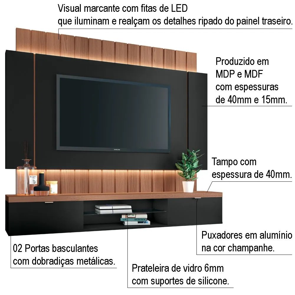 Painel Home Suspenso para TV até 55 Sala de Estar Shawn Preto/Nature G26 - Gran Belo