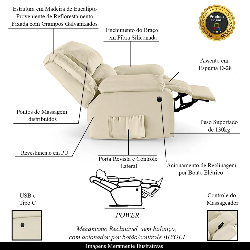 Poltrona do Papai Descanso Reclinável Sala de Cinema Madrid Power Elétrica Massagem USB PU Bege G23