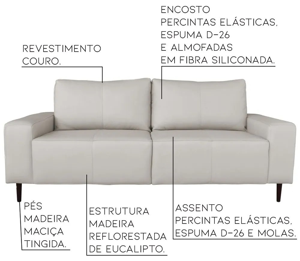Sofá 04 Lugares Sala de Estar Recepção 260cm Bipartido Brad Couro Off White G58 - Gran Belo
