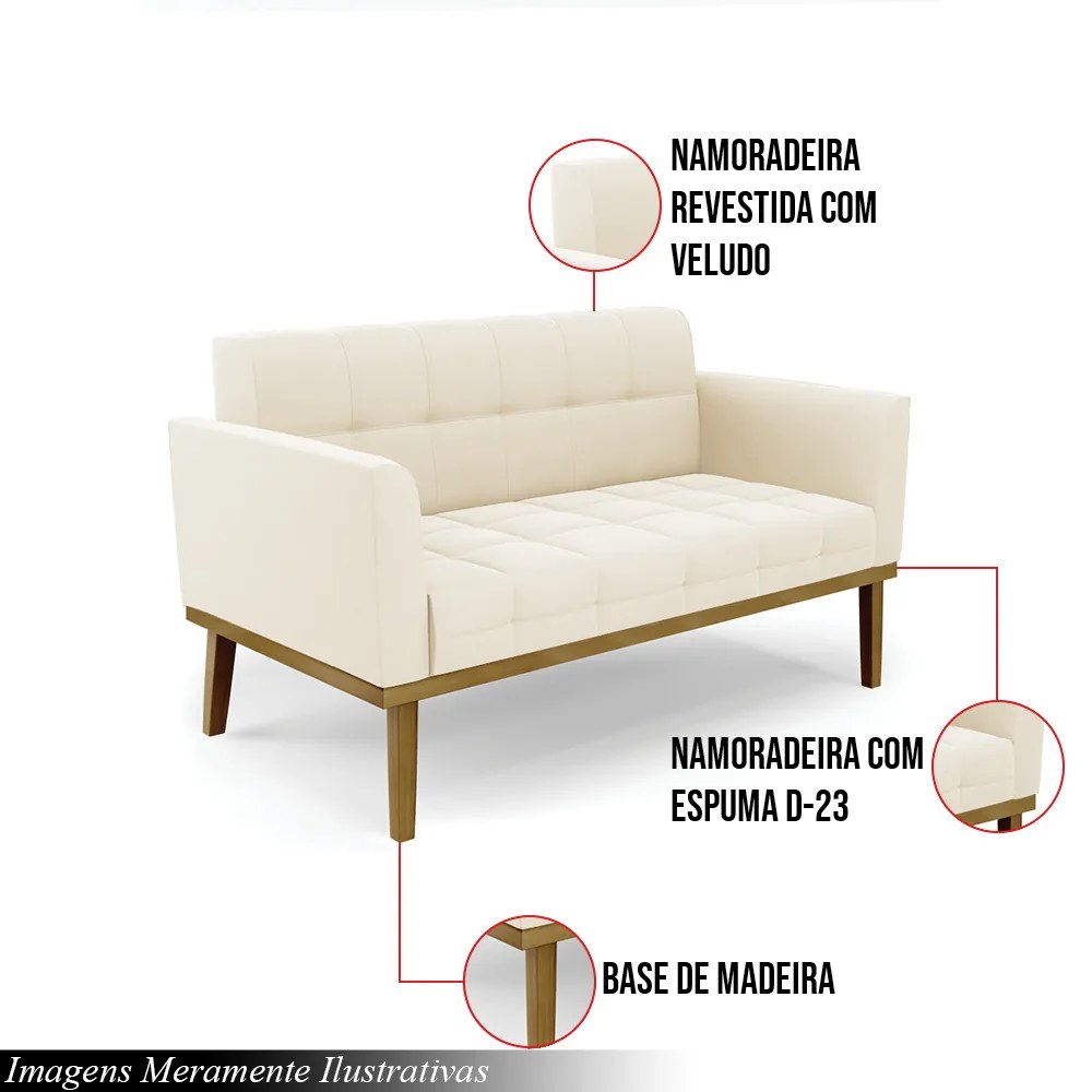 Poltrona Namoradeira Decorativa Karen Pés Fixo em Madeira Castanho Veludo Bege G19 - Gran Belo