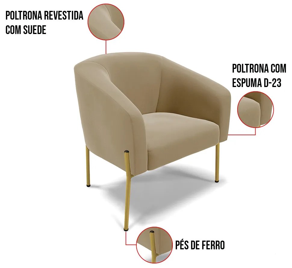 Poltrona Decorativa Pé de Ferro Dourado Kit 2 Stella Suede D03 - D'Rossi - Marrom Rato