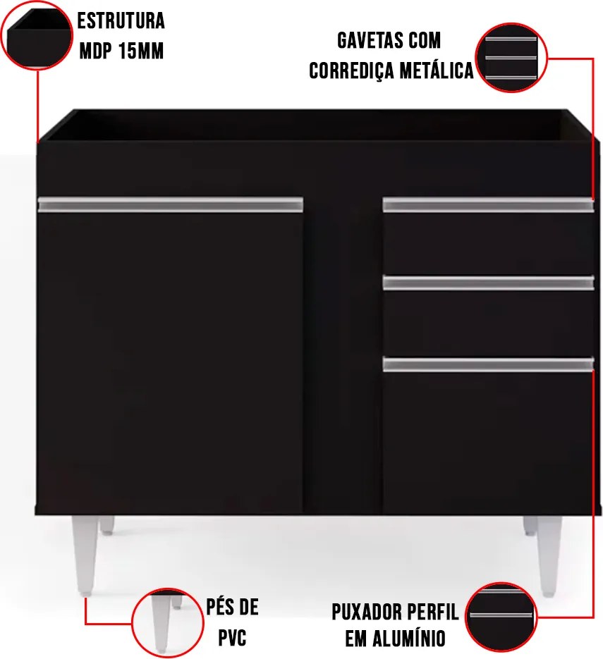 Balcão de Cozinha Lavanderia sem Tampo 02 Gavetas Bia 100 cm L06 - D'Rossi - Preto