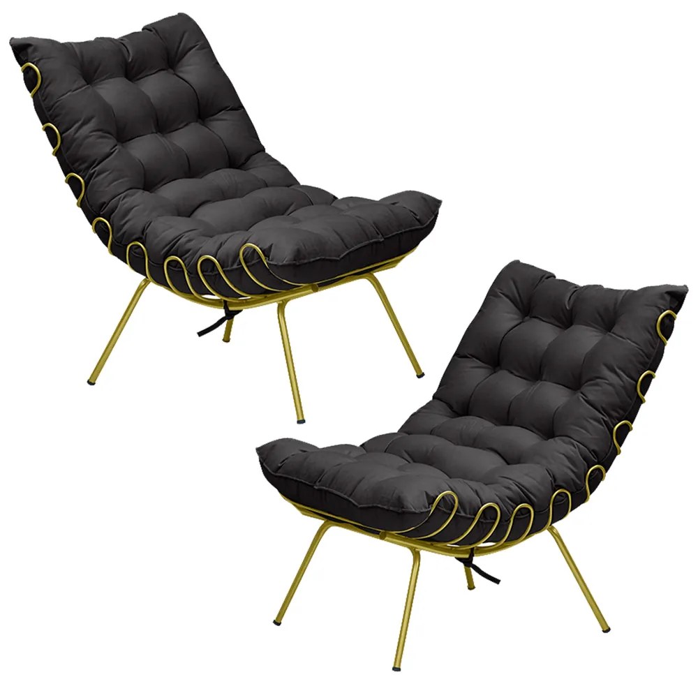 Kit 2 Poltronas Decorativas Sala de Estar Abel Base de Ferro Dourada Veludo Preto G41 - Gran Belo