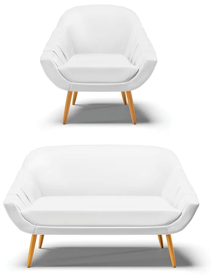 Kit 01 Namoradeira 02 Lugares e 01 Poltrona Giovana Corino Branco Pés Palito Castanho - Indo Decorar
