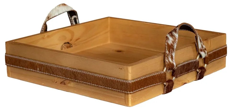 Bandeja Quadrada M em Pinus - Mel Pinus - Couro com Pelo