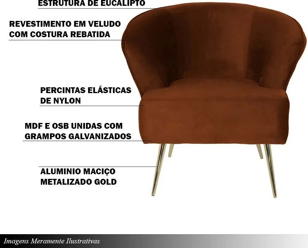 Poltrona Sala de Estar Decorativa Base Alumínio Lucca Veludo Telha G15 - Gran Belo