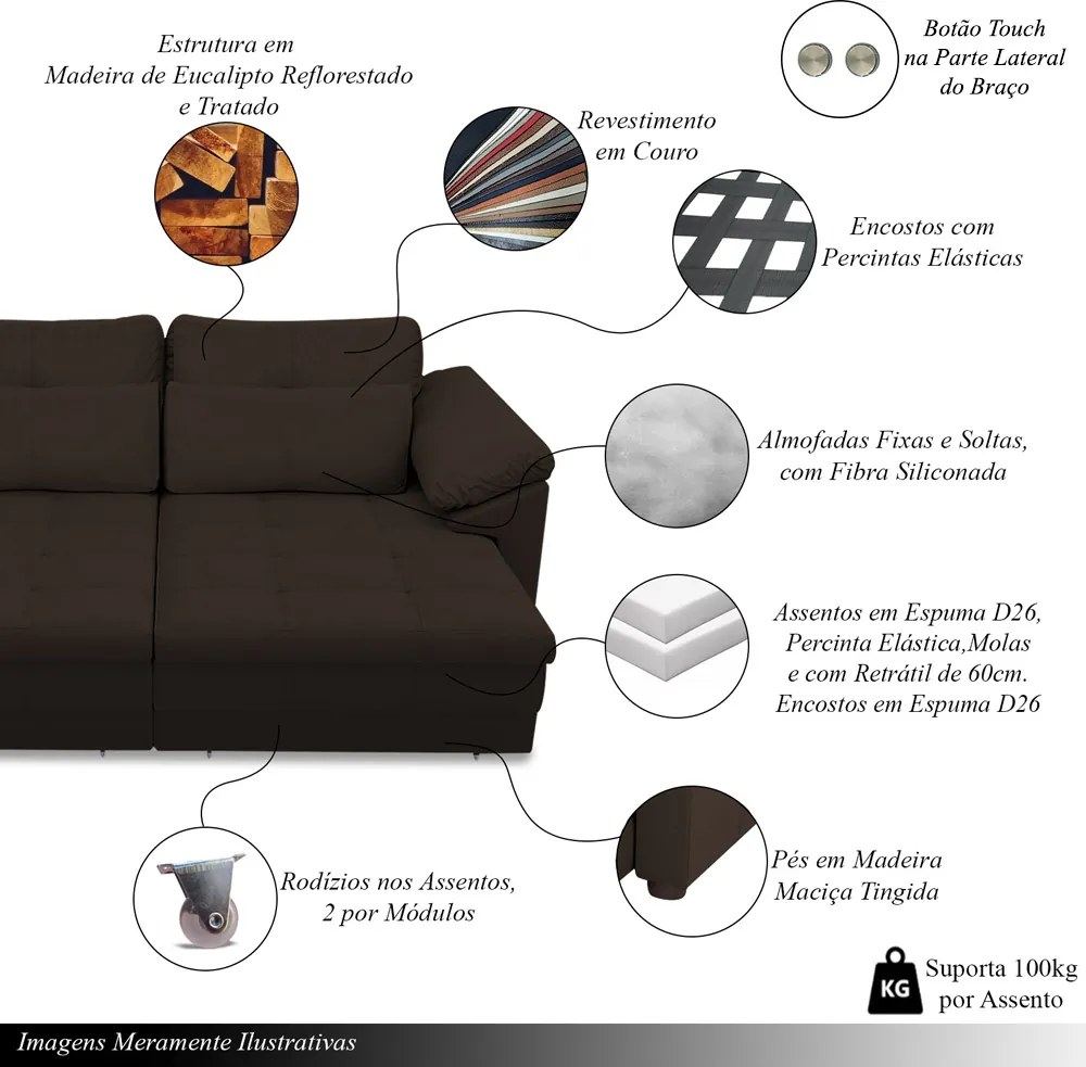Sofá Retrátil Elétrico Sala de Estar Nolan Bipartido 339cm Conforto Premium em Couro Marrom G58 - Gran Belo