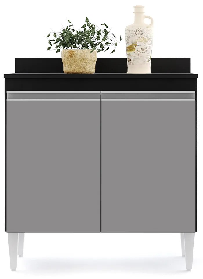 Balcão de Cozinha Lavanderia Com Tampo 02 Portas Sara Preto e Cinza 80 Cm - D'Rossi