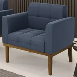 Poltrona Decorativa Base Madeira Castanho Ana Suede Azul Marinho - Ibi
