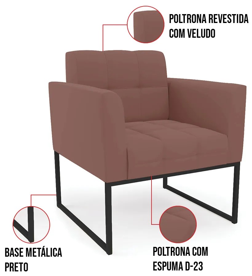 Kit 1 Sofá Namoradeira e 2 Poltronas Elisa Veludo Base Metálica Industrial Preto D03 - D'Rossi - Rose