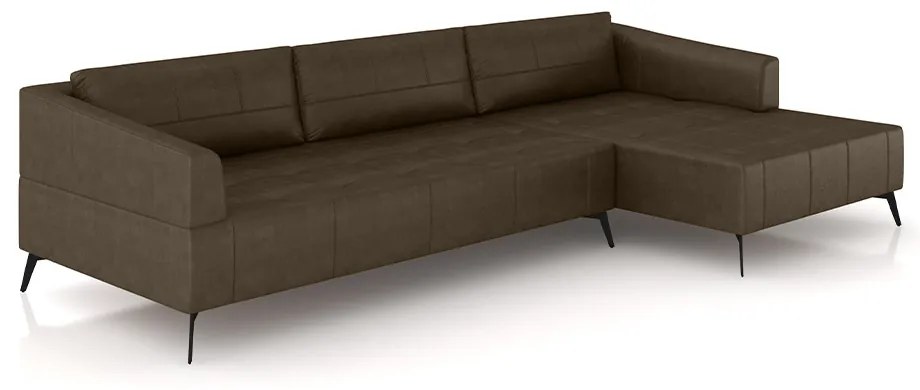 Sofá Bipartido Sala de Estar Kiara 332cm Chaise Direito Pés de Ferro Couro Marrom Manchado G52 - Gran Belo