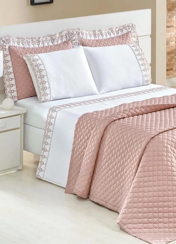 Enxoval 180 Fios Rosa Queen 7 Peças